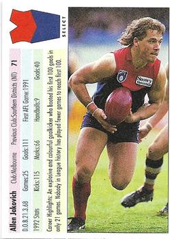 1993 Select AFL #71 Allen Jakovich Back